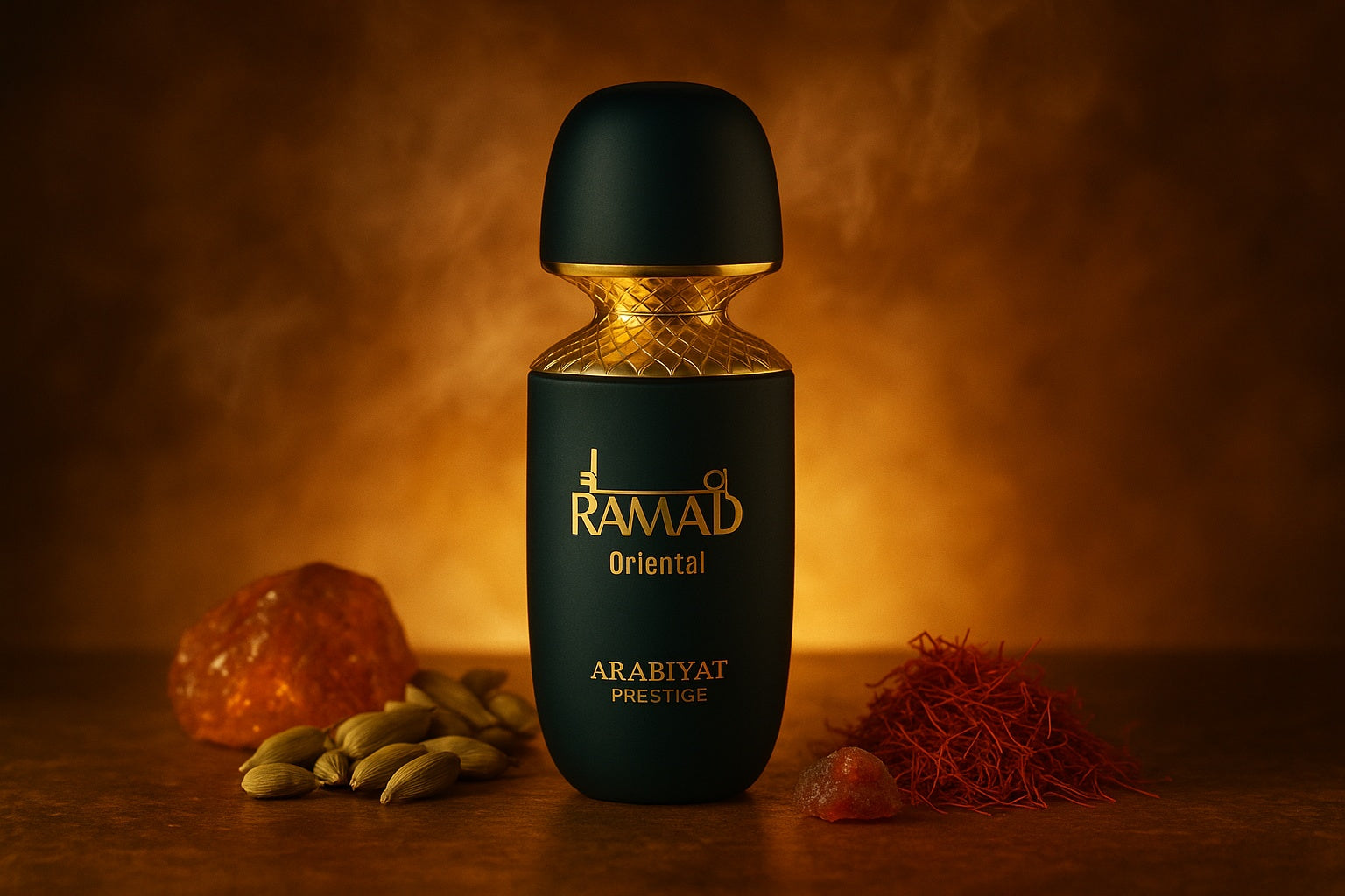 Black and gold bottle of RAMAD Arabiyat Prestige on a wooden surface with spices in the background