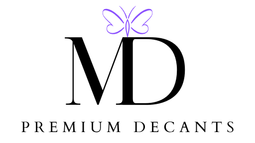 Logo of MD Premium Decants with a butterfly on a white background